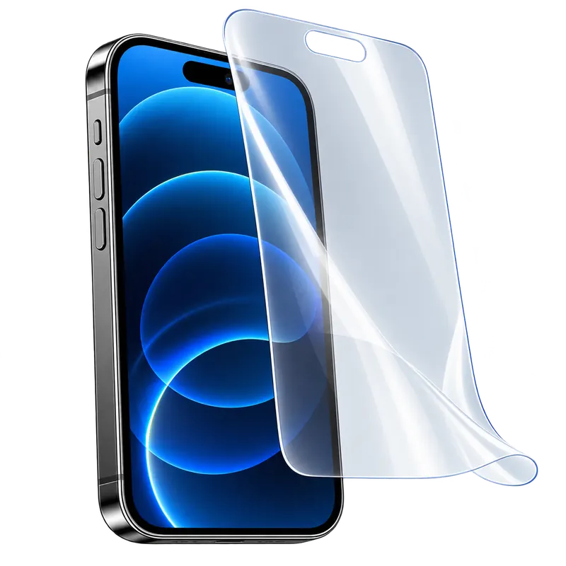 Klar fleksibel beskyttelsesfilm foran smartphone – illustrativt produktbillede