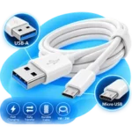 Hvidt USB-A til Micro-USB kabel med blå detaljer