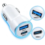 Hvid biloplader med USB-A og USB-C og blå detaljer